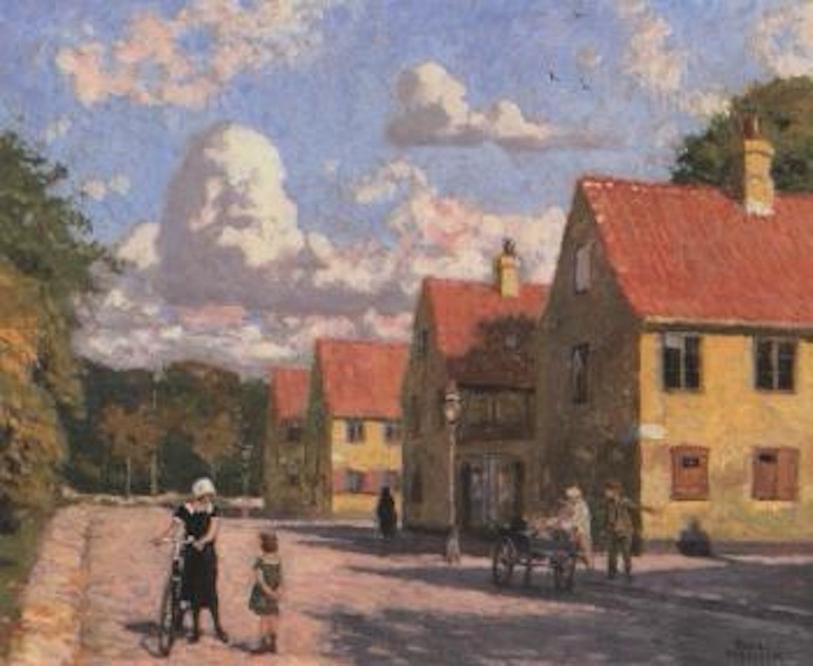 Summer's day with girl cyclist in front of Nyboder by Paul Fischer