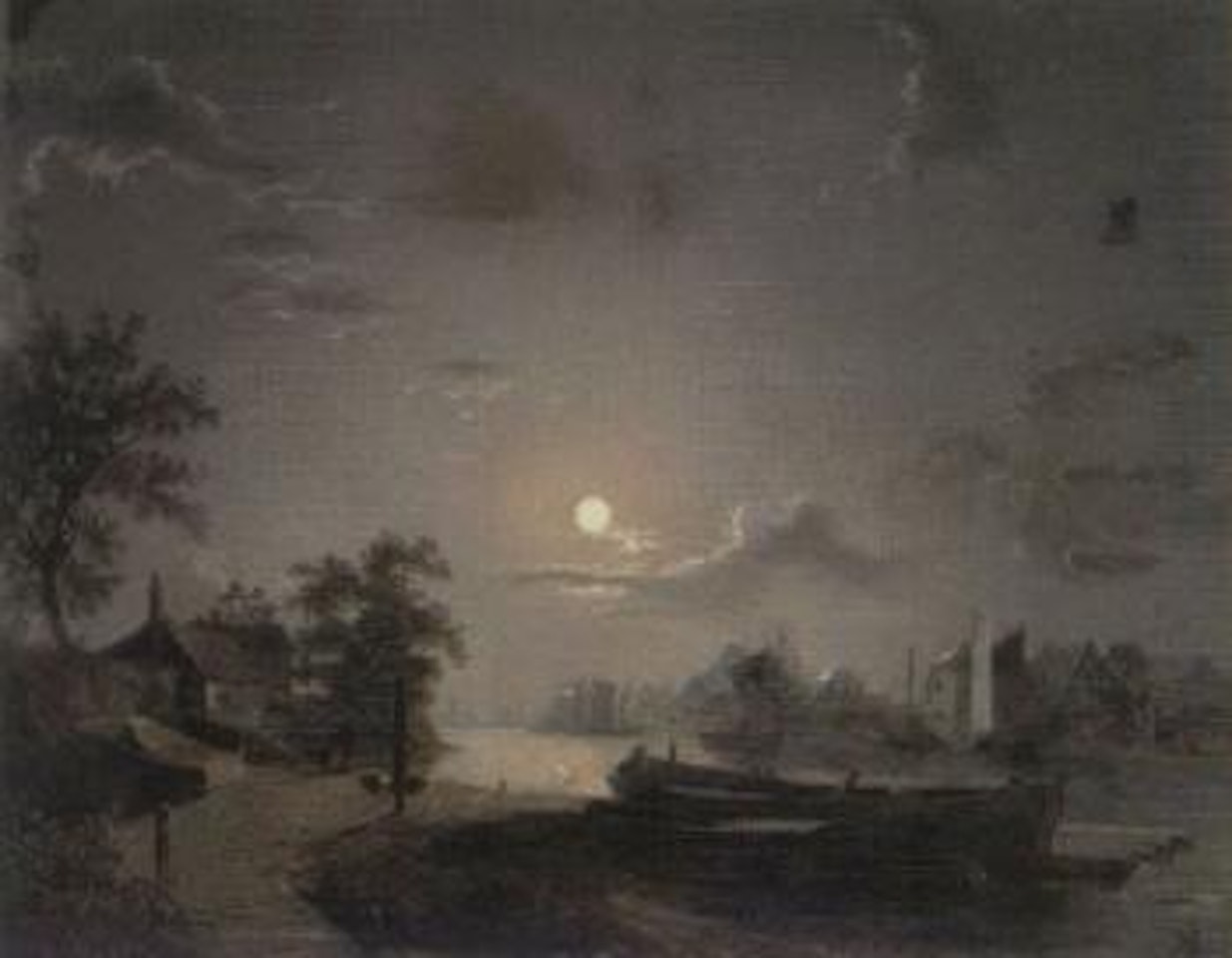 Harbour in moonlight by Henry Pether