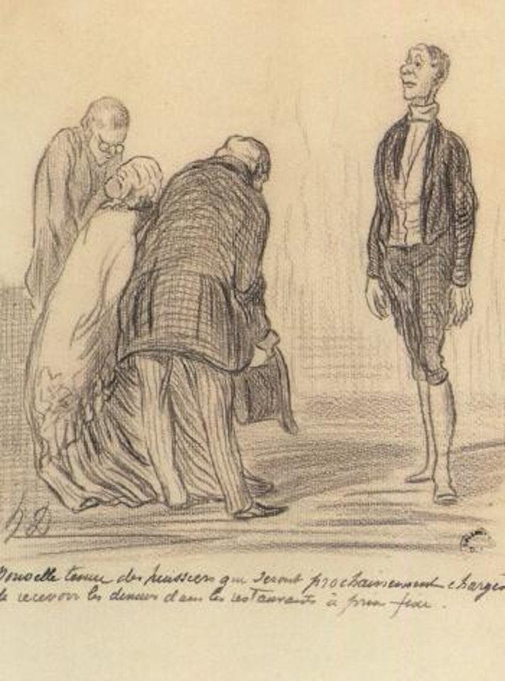 Group of three figures looking at a servant by Honoré Daumier