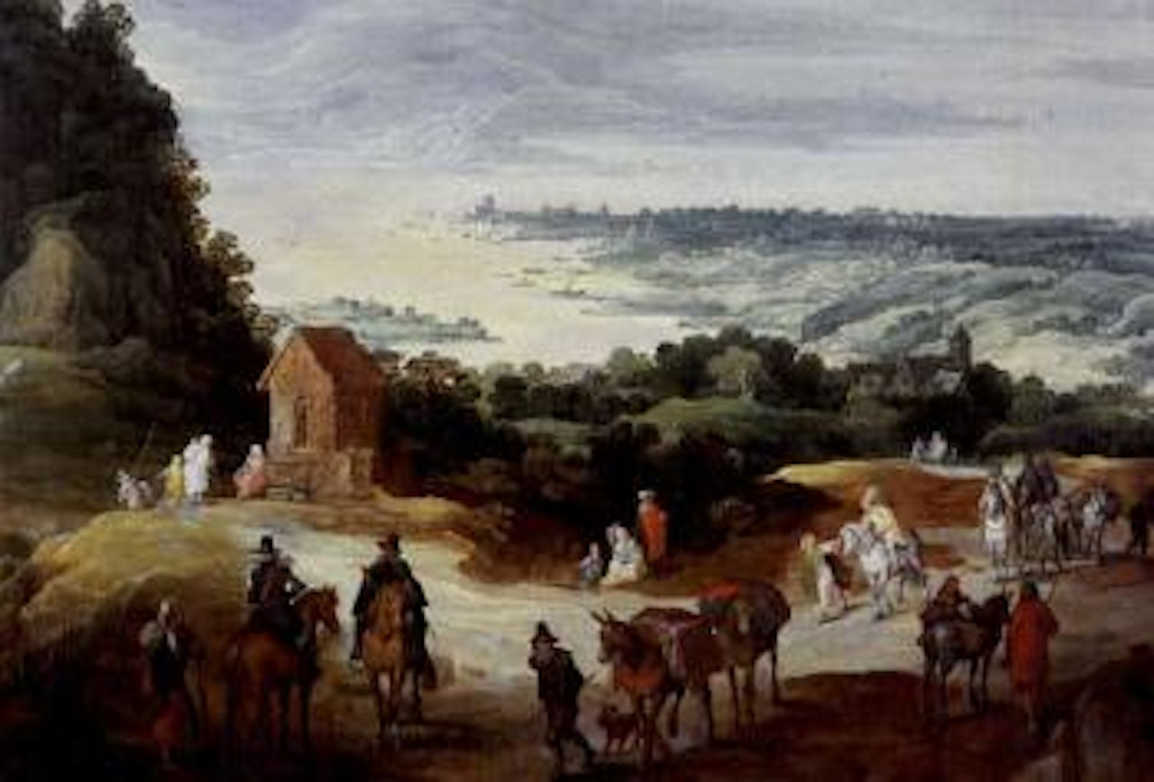 Extensive river landscape with travelers on a path by Jan Brueghel by Joos de Momper the Younger