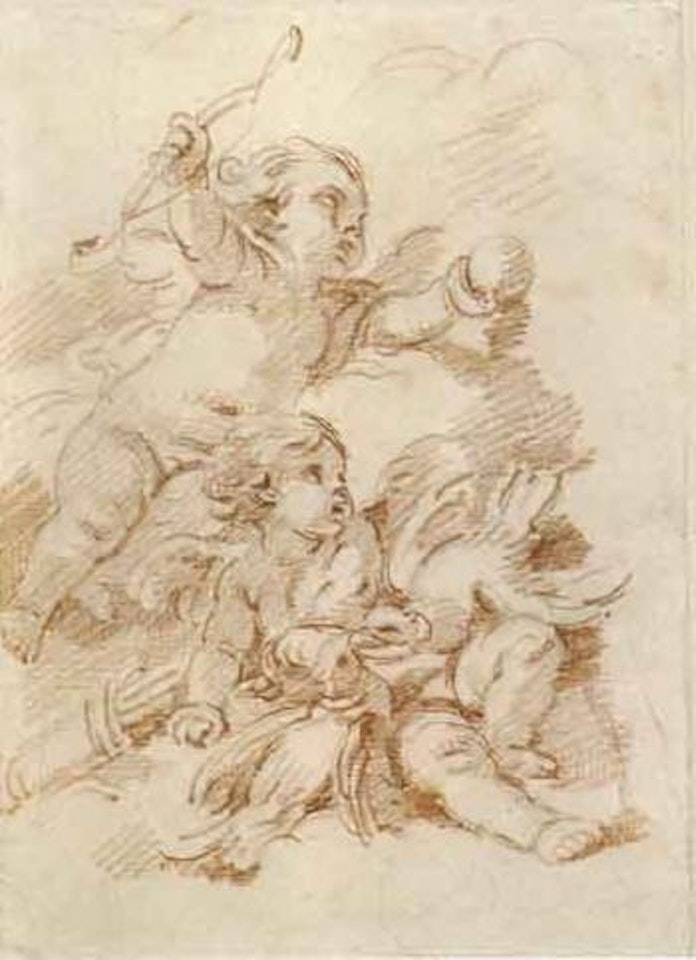 Two putti, one holding an arrow and apple, other one holding a quiver and two doves by Francois Boucher