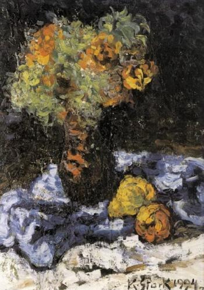 Still life with flower vase on blue cloth by Karl Stark