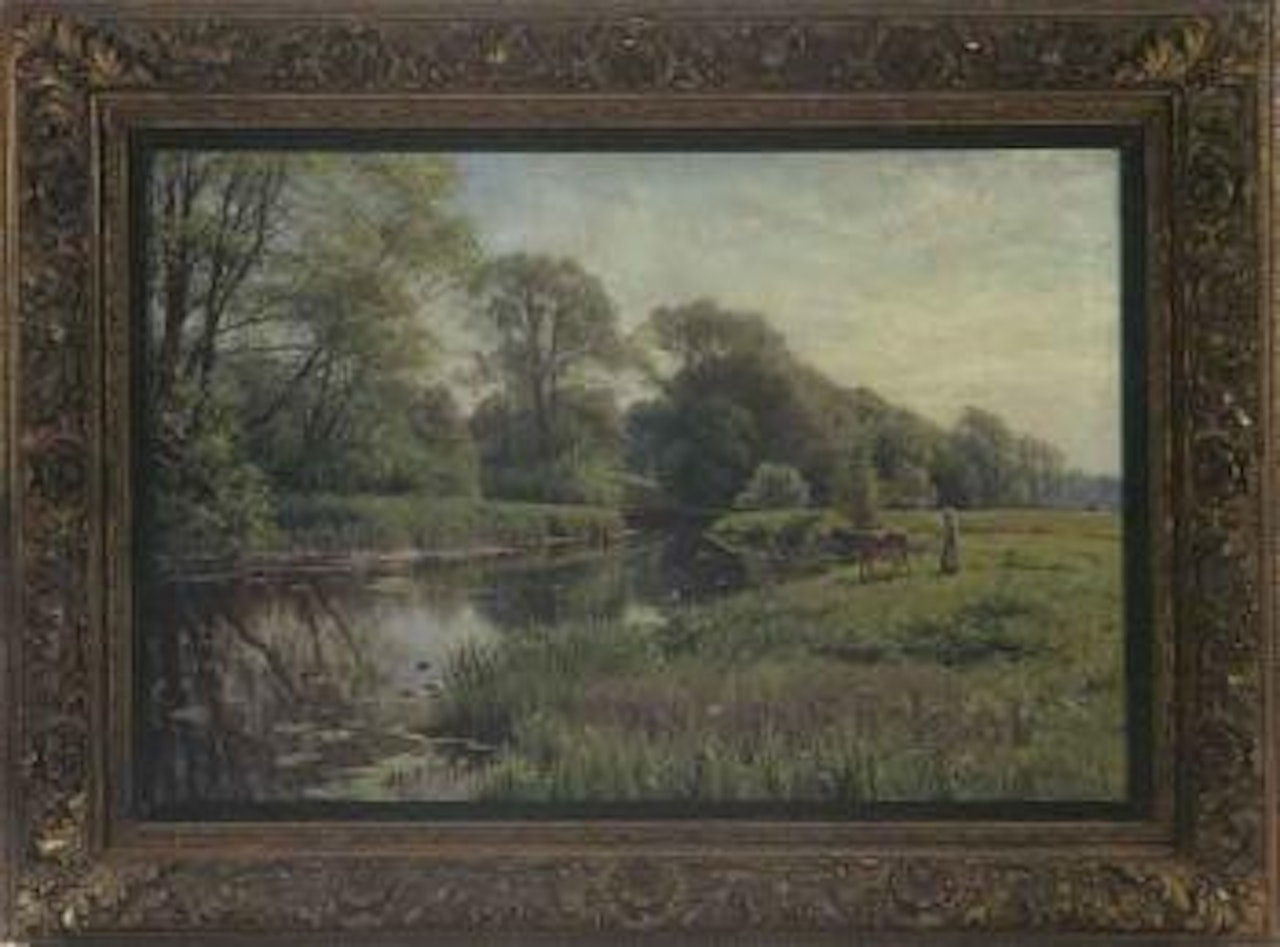 Summer day in a wooded river stream with path and figure by Peder Mork Monsted