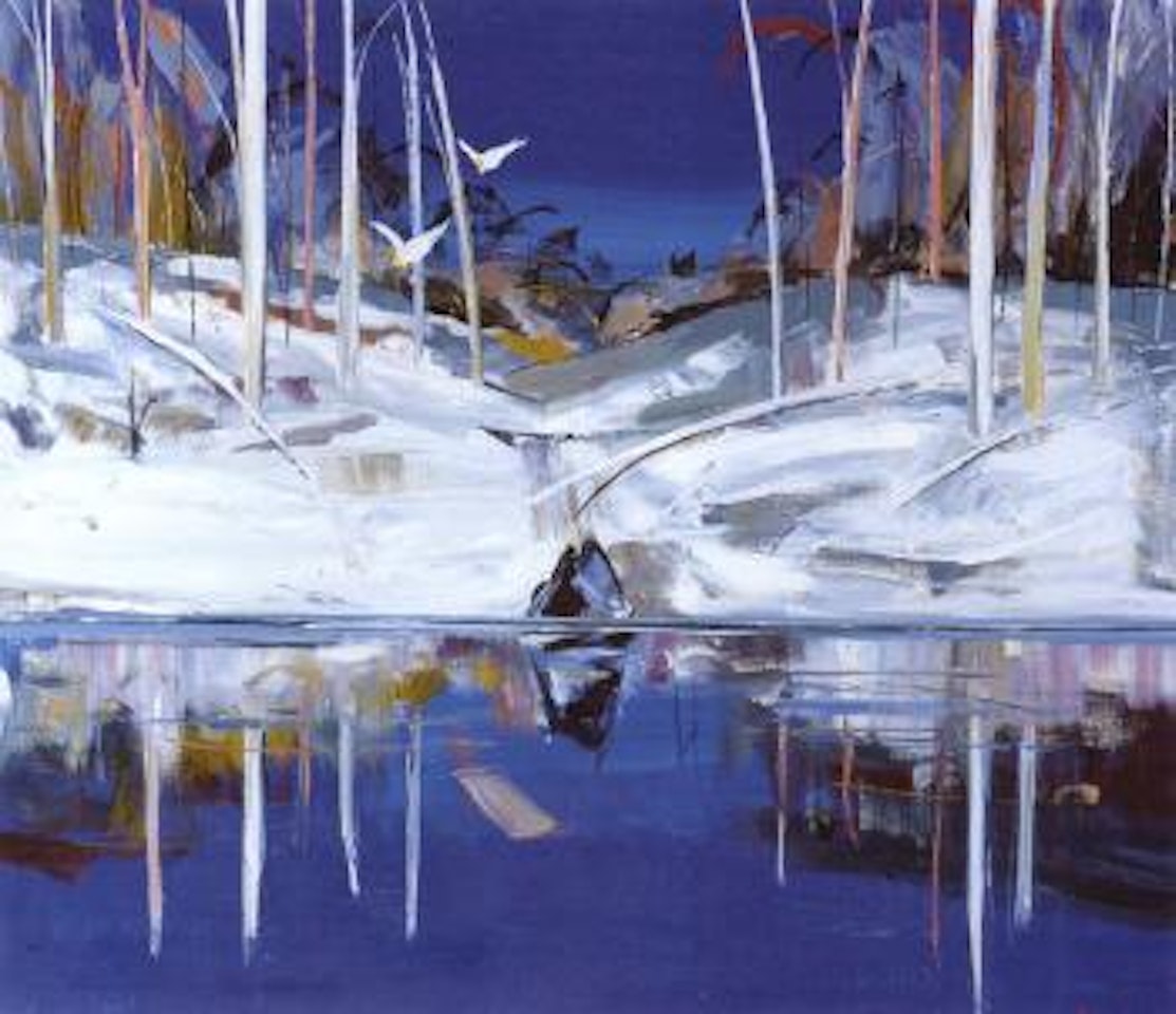 Shoalhaven with two cockatoos flying through the trees by Arthur Merric Bloomfield Boyd
