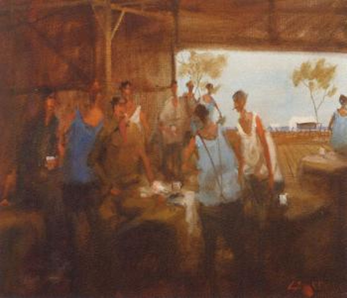 Stingy Jones, shearing team, WQ by Hugh Sawrey