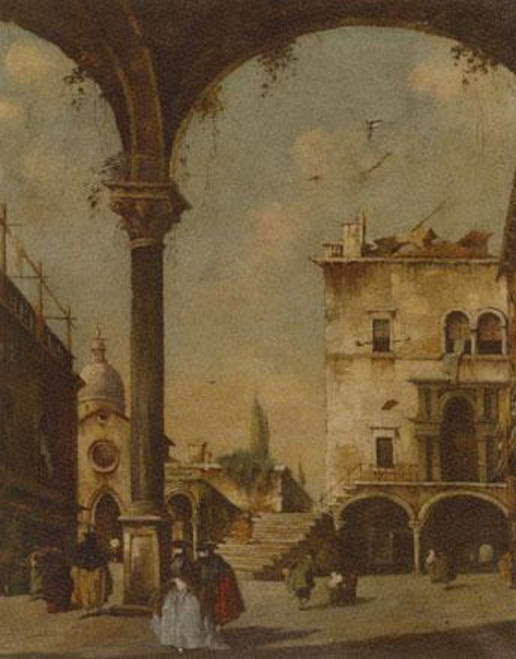 Capriccios, piazza with figures and a domed church beyond. View through the ruin by Francesco Guardi