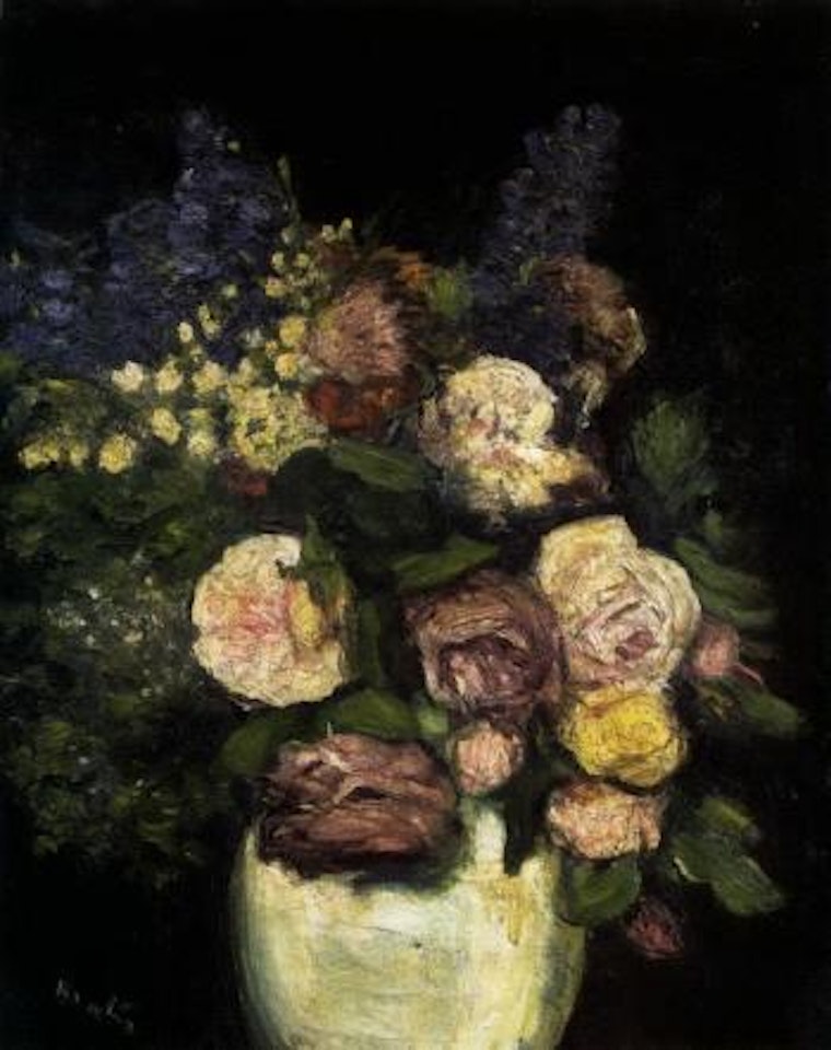 Still life with roses and delphiniums by George Leslie Hunter