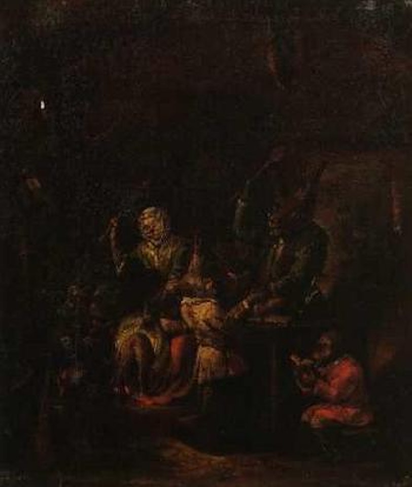 Monkey school with a cat and an ass disciplining two monkey's and a monkey reading by Egbert van Heemskerk III
