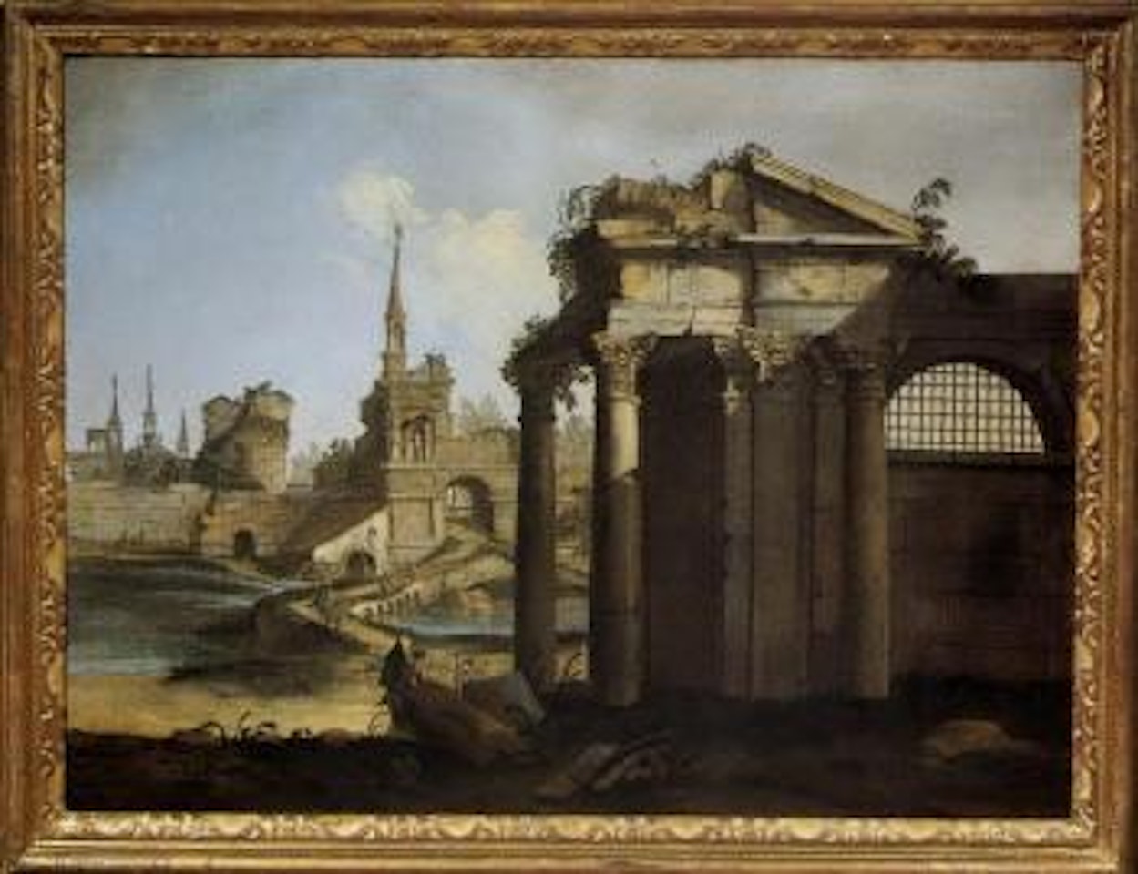 Capriccio con rovine romane, ponte e chiesa sullo sfondo by Venetian School