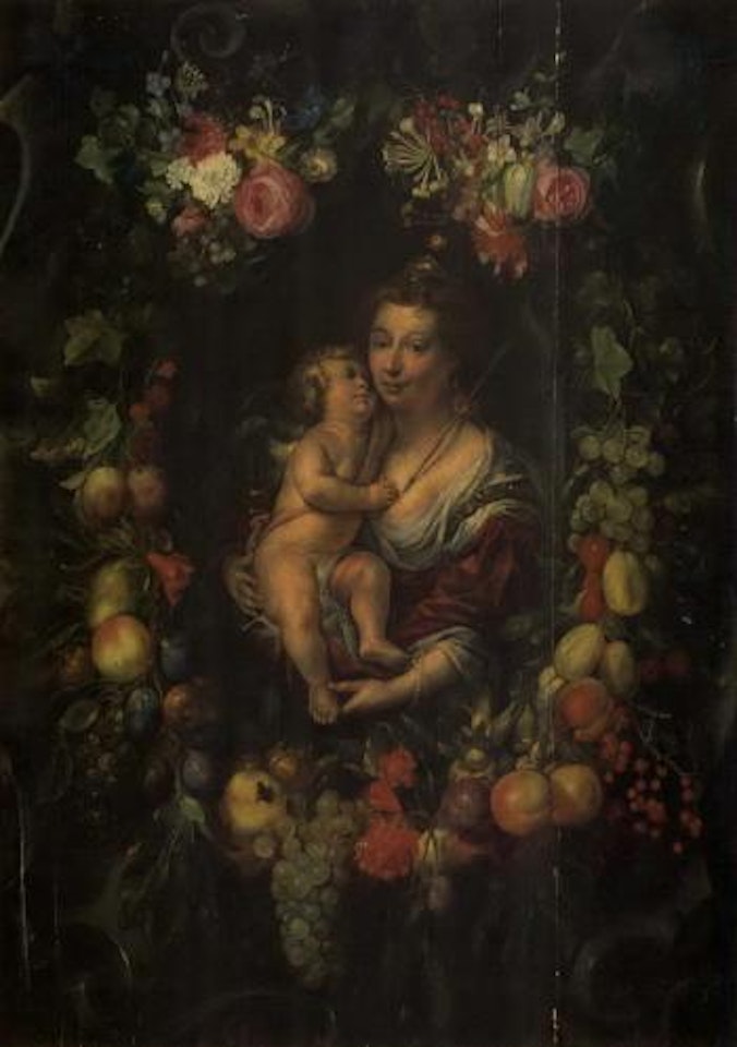 Venus and cupid encircled with flowers and fruit by Abraham Brueghel