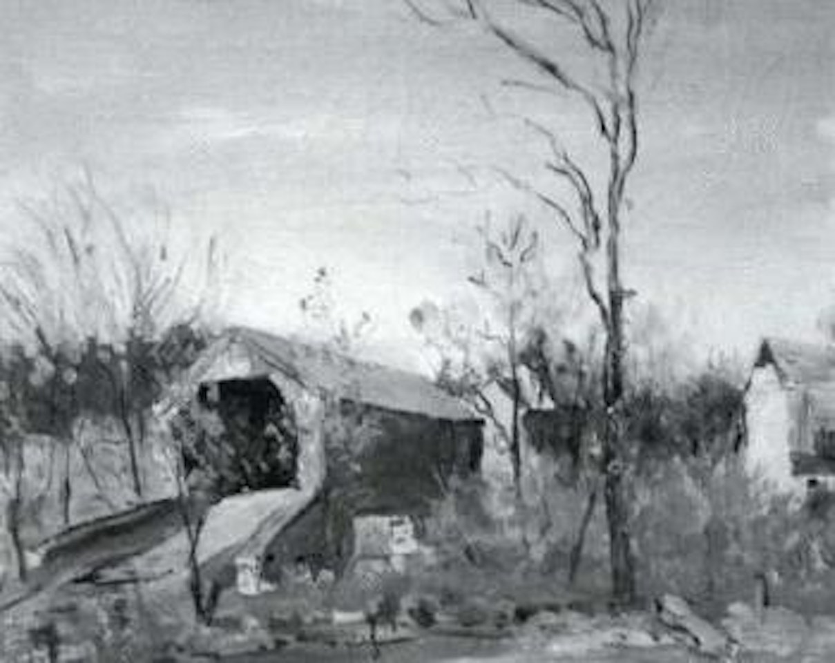 Autumn landscape with covered bridge by Walter Emerson Baum