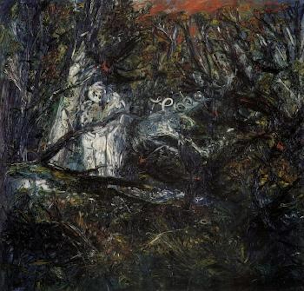 Lovers in forest with black birds and nest by Arthur Merric Bloomfield Boyd
