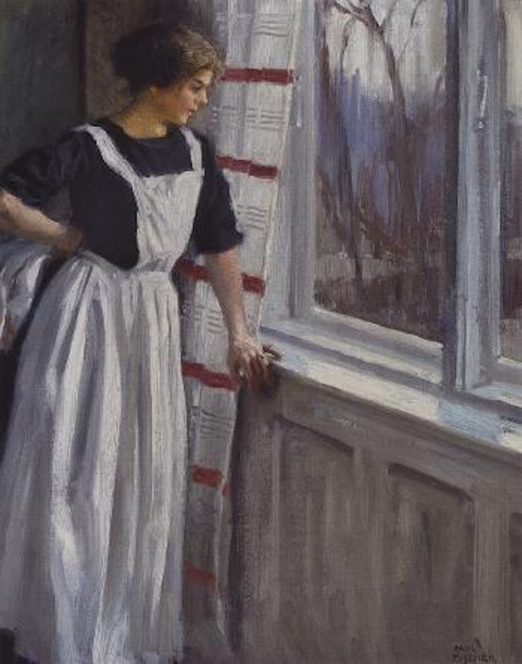 On the look out - Interior scene with young girl at window by Paul Fischer