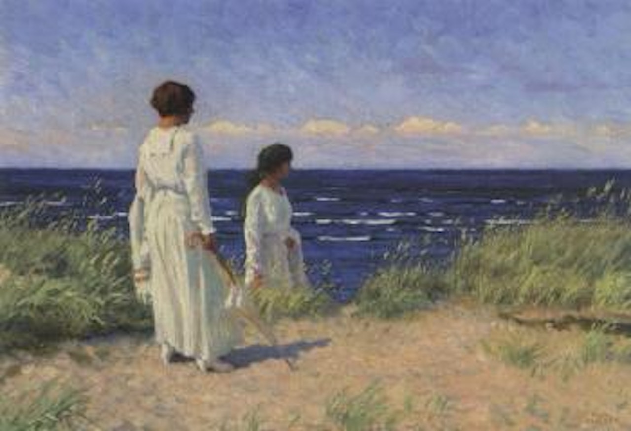 Two young girls wearing summer dresses on the beach at Hornbaek by Paul Fischer