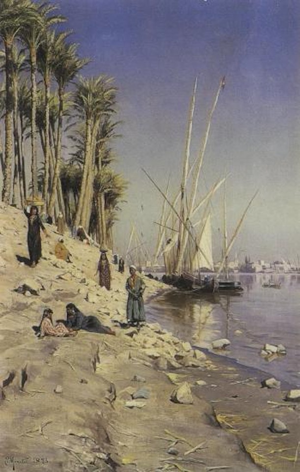 Egyptian river landscape, possibly the Nile with women carrying fruit from ship by Peder Mork Monsted