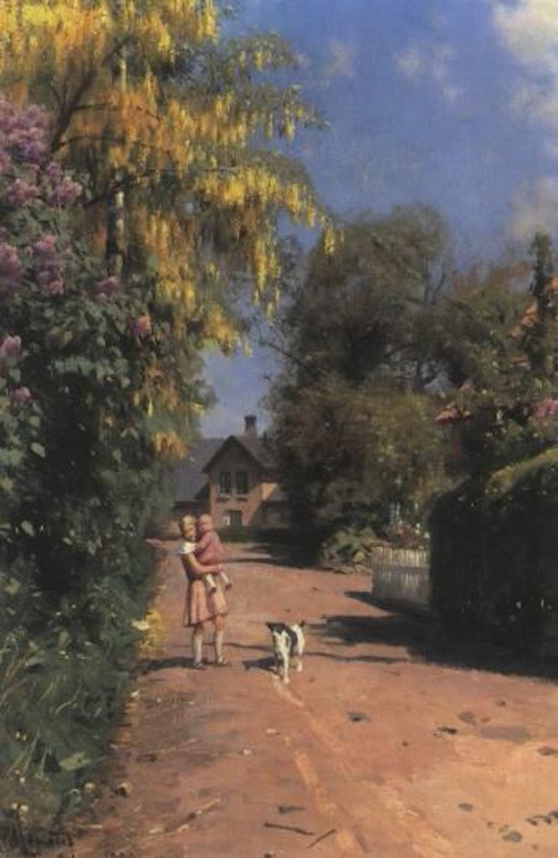 Early summer in Tranbjerg with lilacs and children with dog by Peder Mork Monsted
