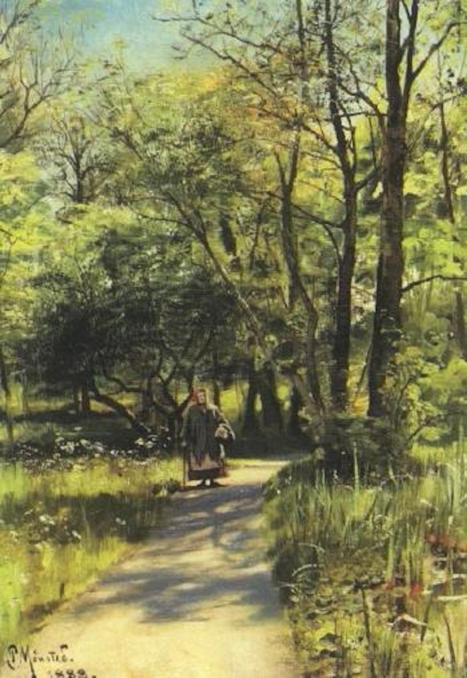 Summer landscape with woman walking by lake, Denmark by Peder Mork Monsted