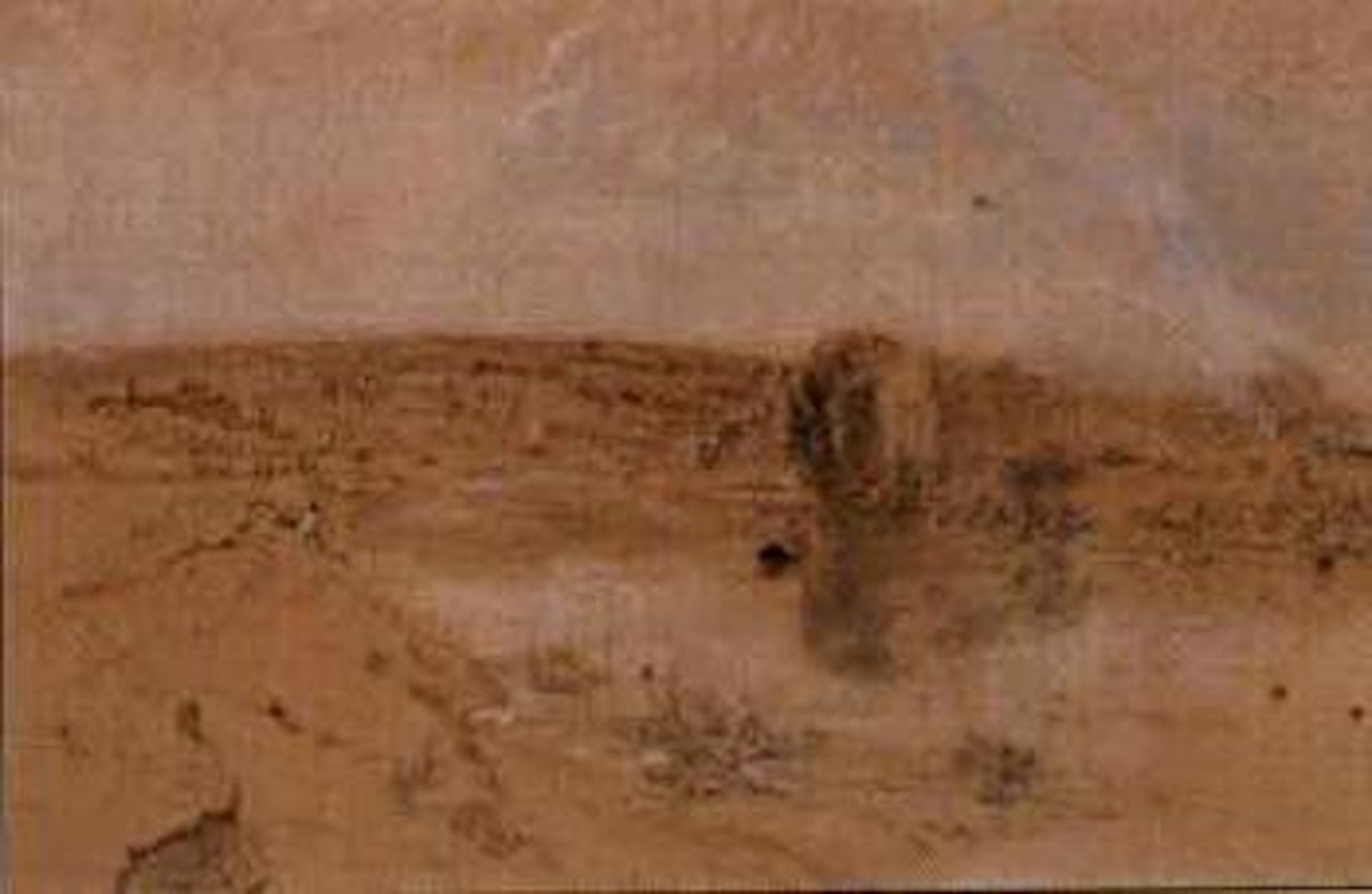 Hilly landscape with trees, man in boat on lake in foreground by Théodore Rousseau