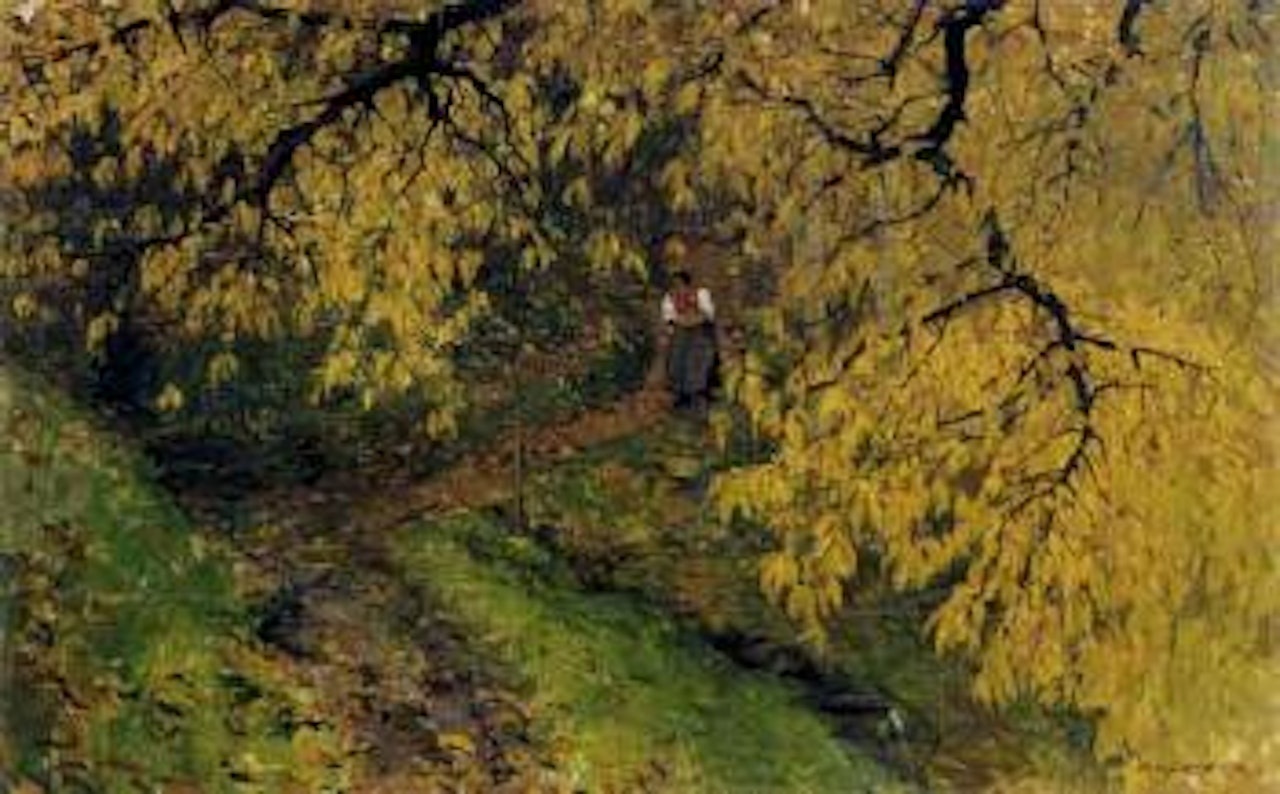 Faggot gatherer in autumn wood by Alexander Koester