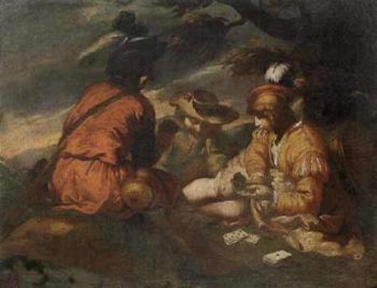 Three county boys playing cards under tree by Flemish School