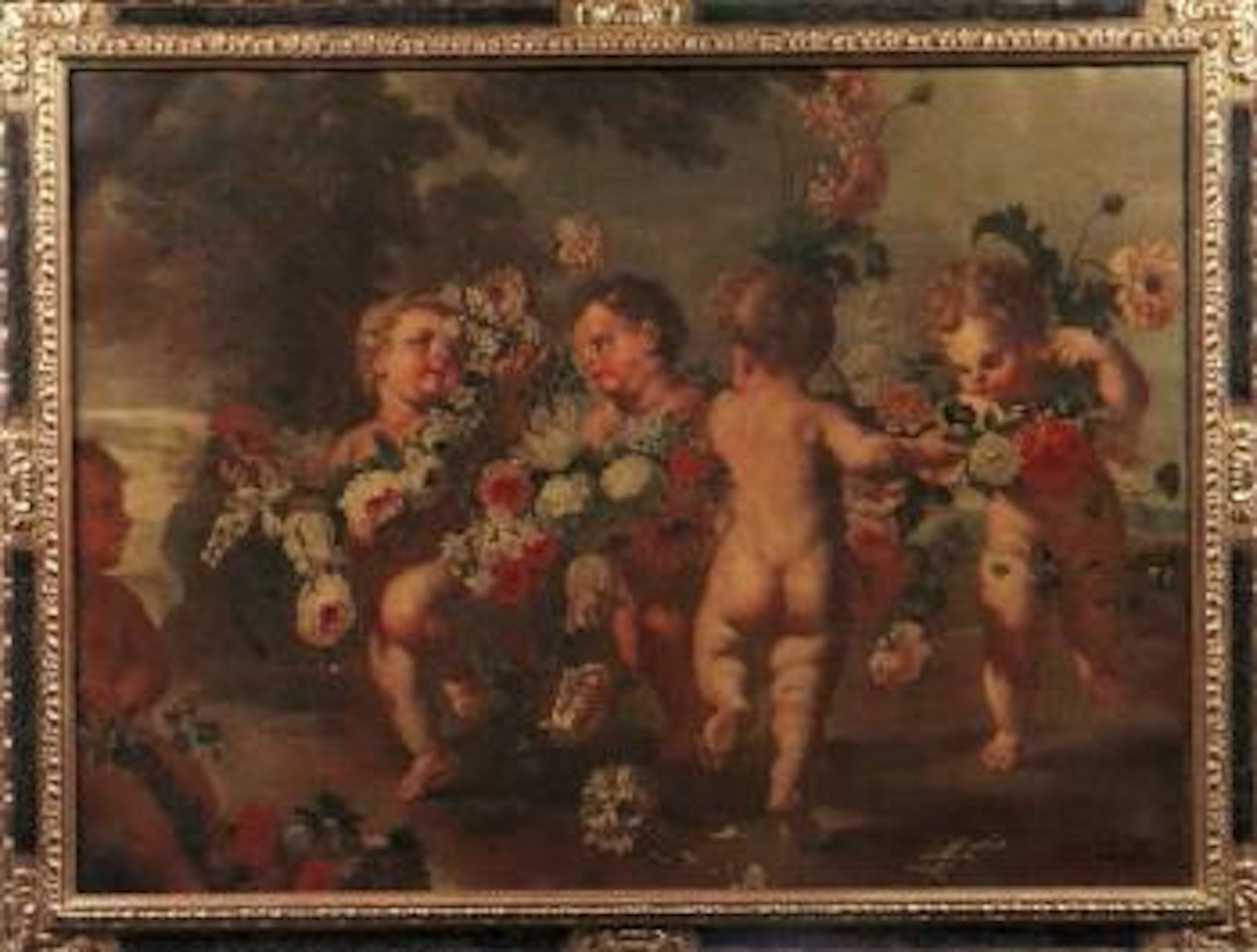 Five putti with flower garland by Roman School