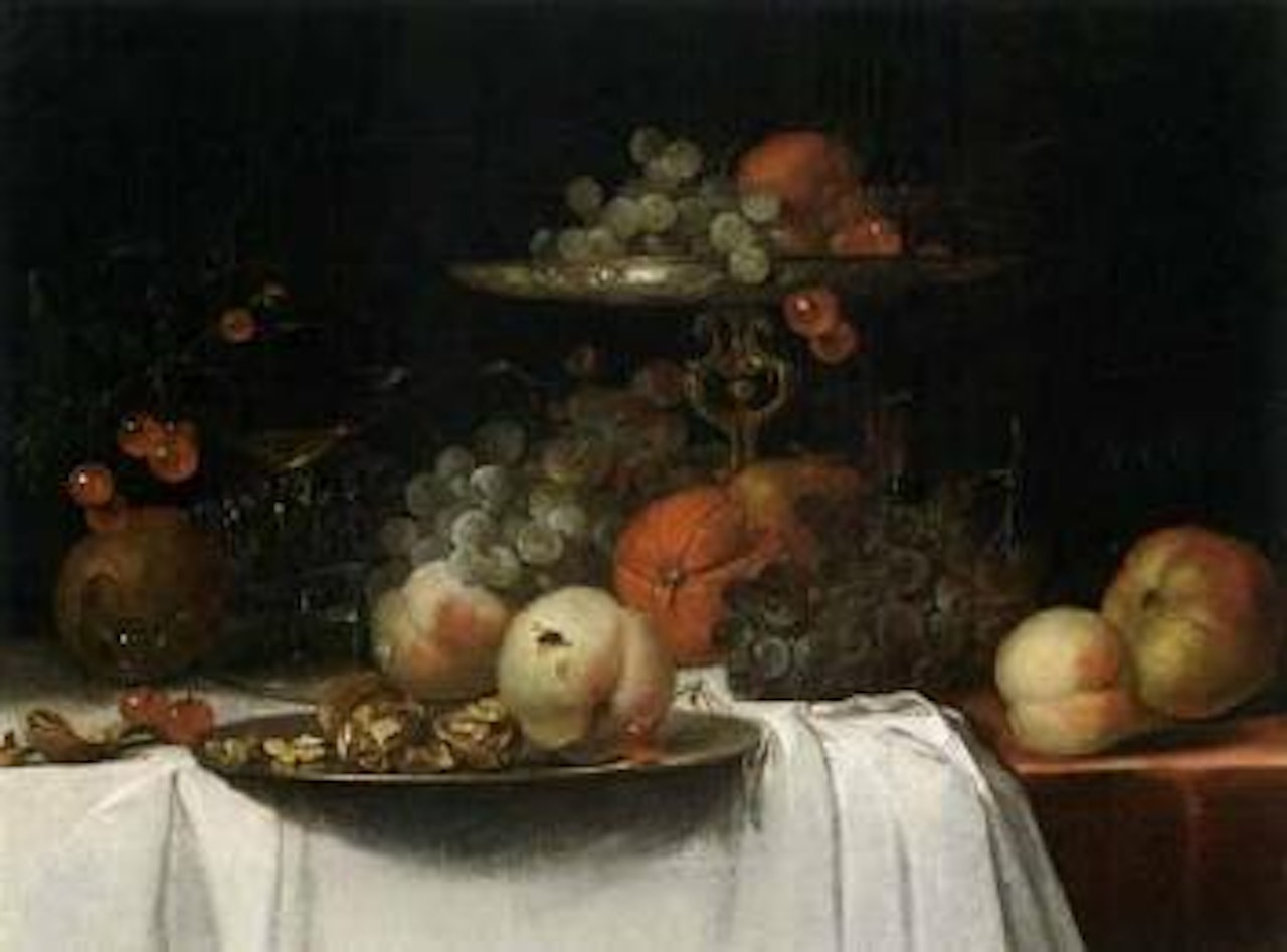 Still life of fruit including grapes, peaches and cherries by Willem van Aelst