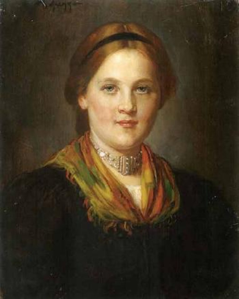 Portrait of young girl wearing scarf and black headband by Franz von Defregger