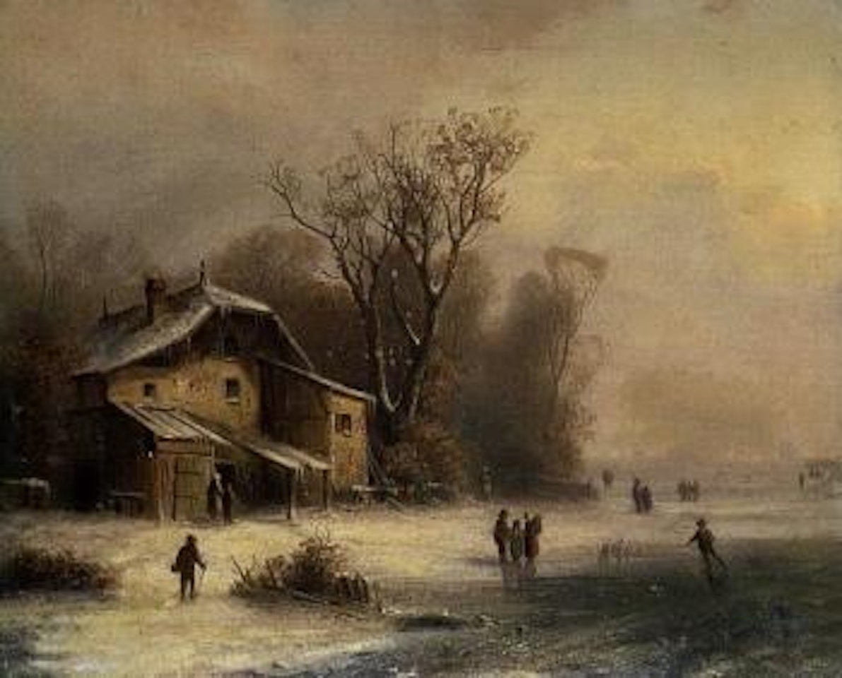 Winter landscape with farmstead on edge of frozen lake by Anton Doll