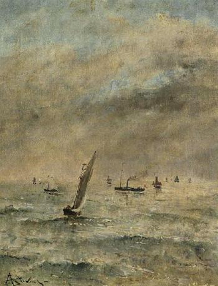 Steam ship and sailing ships at sea by Alfred Stevens