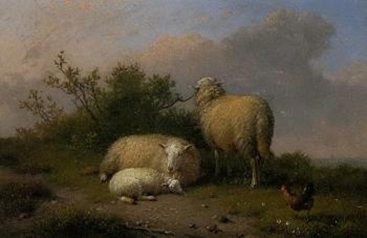 Three sheep and hen in landscape by Eugène Joseph Verboeckhoven