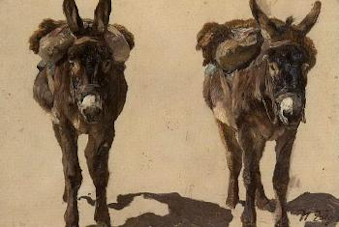 Two loaded donkeys by Heinrich von Zugel