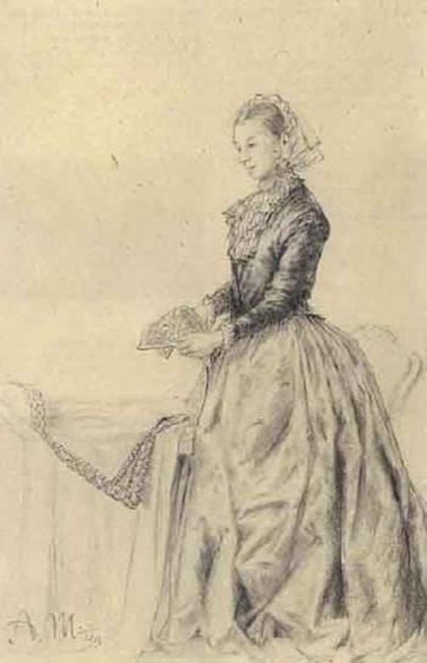 Woman by table with material by Adolph Menzel