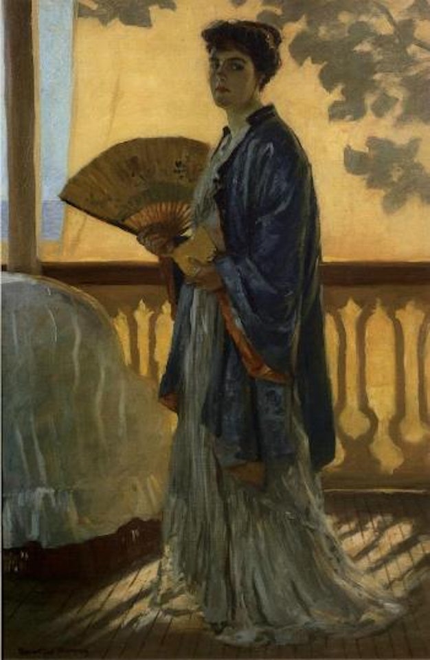 The fan, artist's wife on the balcony by Rupert Charles Wulsten Bunny