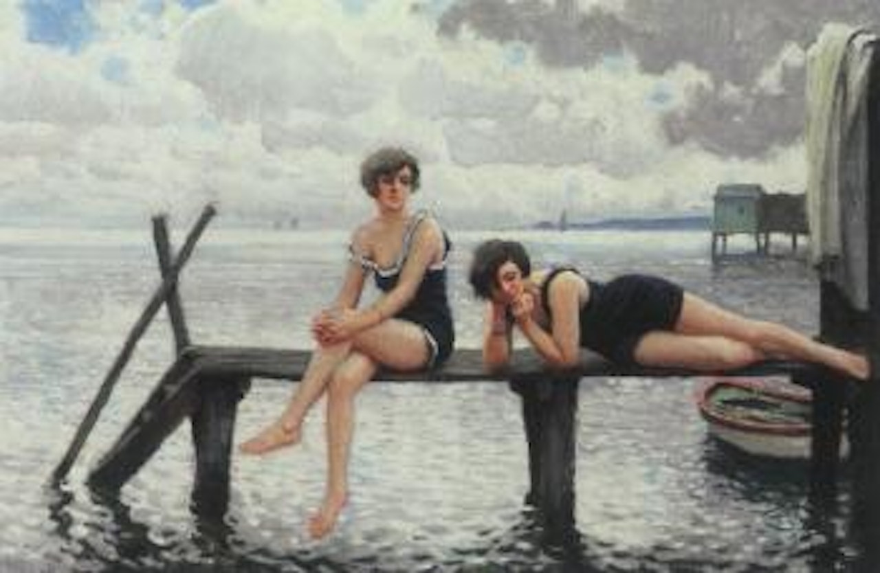 Two young women on a jetty by Paul Fischer