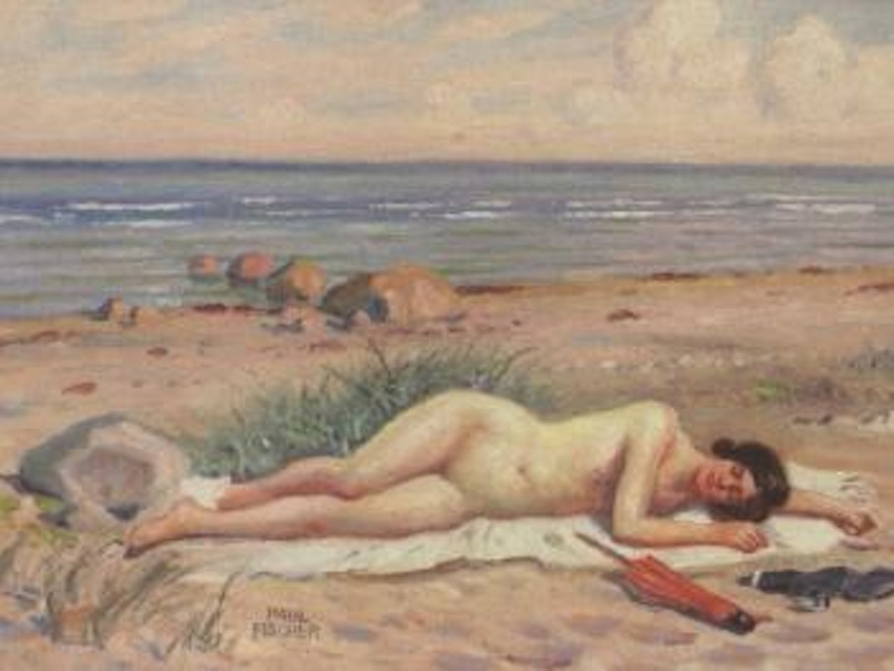Beach at Hornbaek with reclining female nude by Paul Fischer