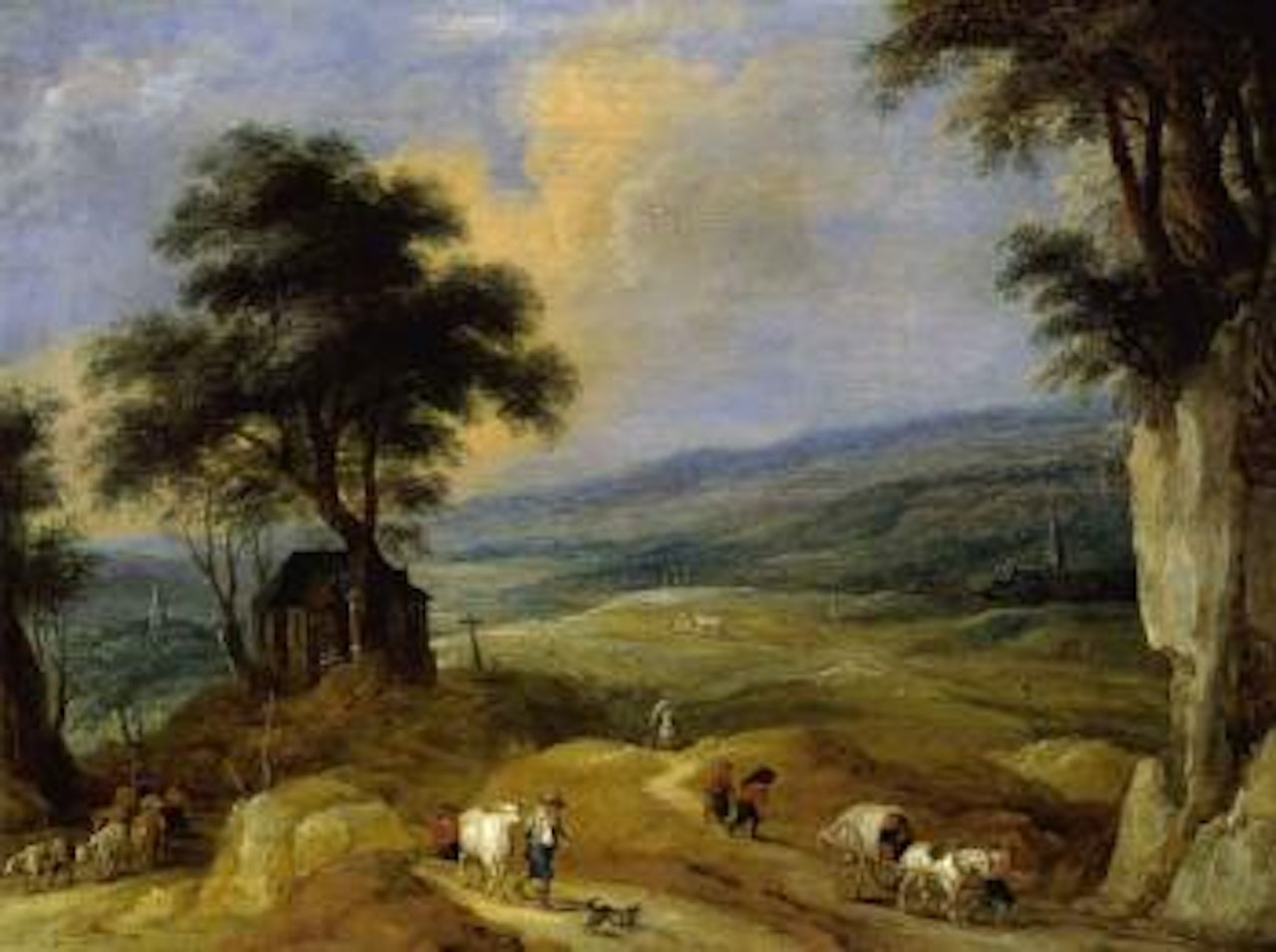 Hilly landscape with chapel and peasant travellers by Joos de Momper the Younger