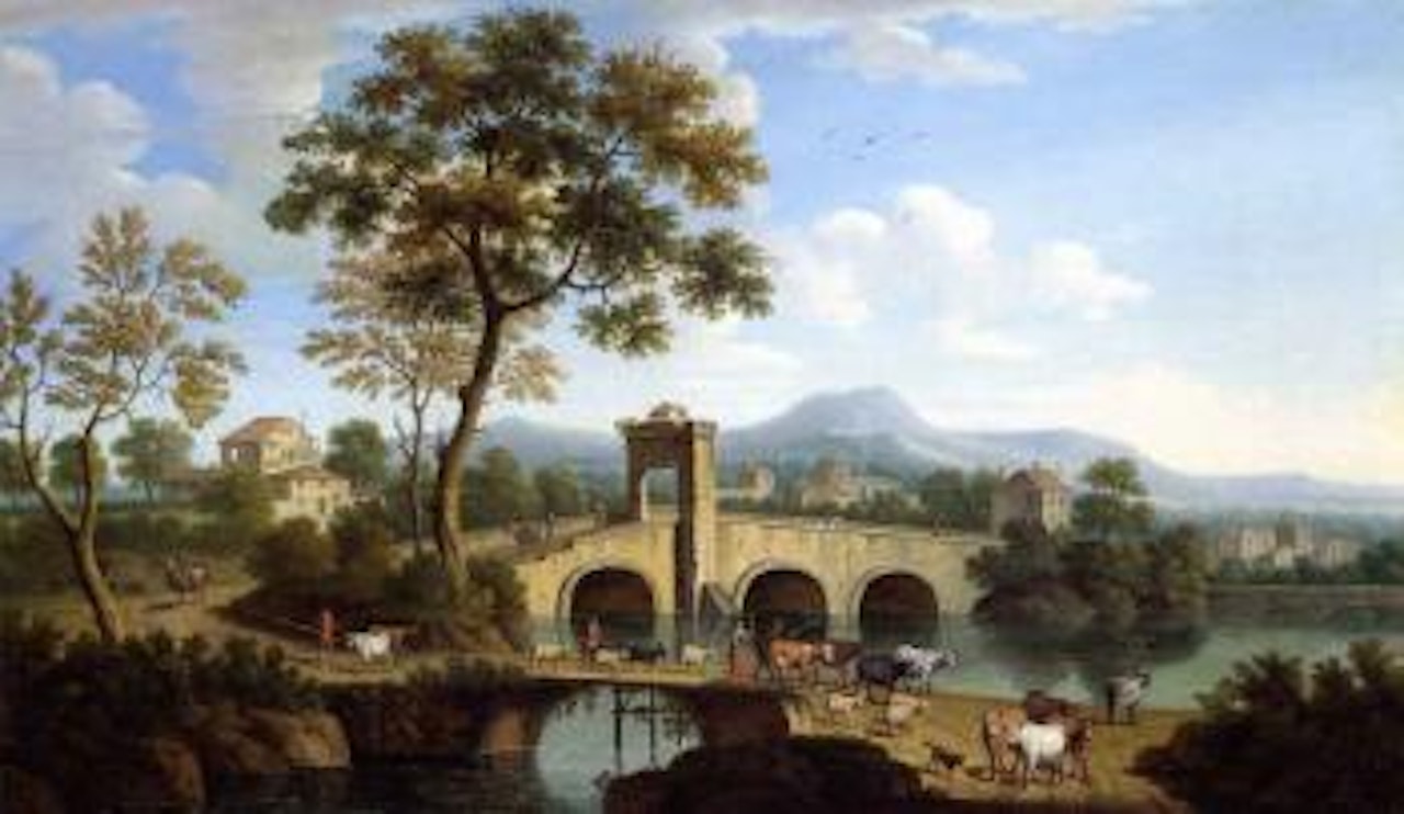 River landscape with arched stone bridge by Giovanni Battista Cimaroli