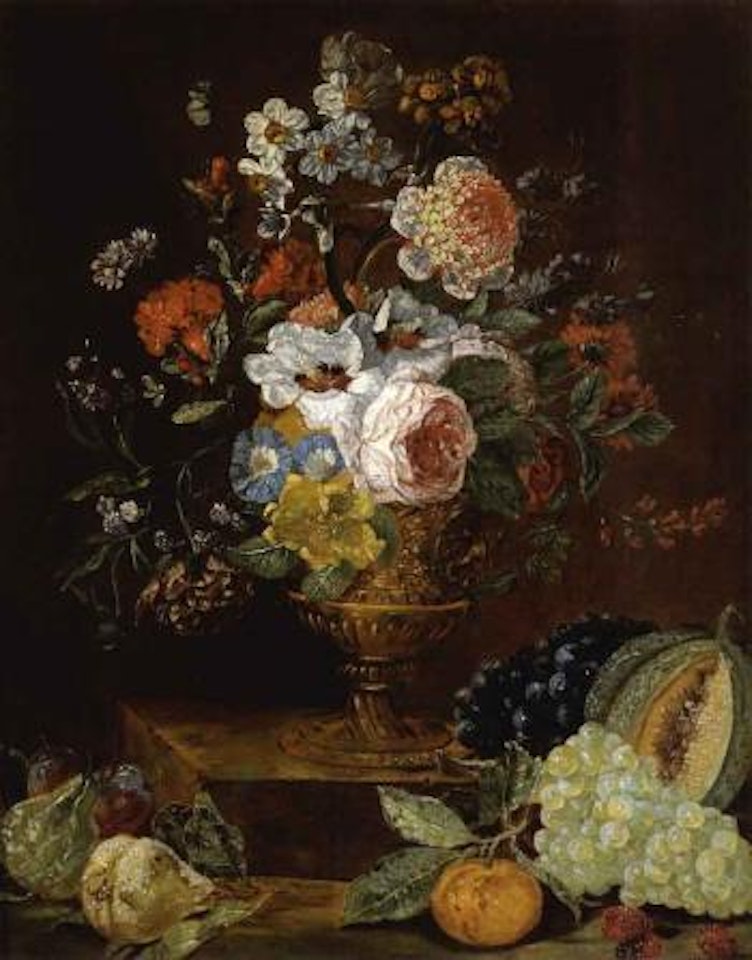 Bouquet of flowers in gilt vase with fruit by Jacob Caproens