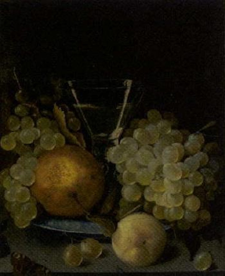 Grapes, peach, butterfly and orange on a porcelain plate and roemer of wine by Cornelis de Heem