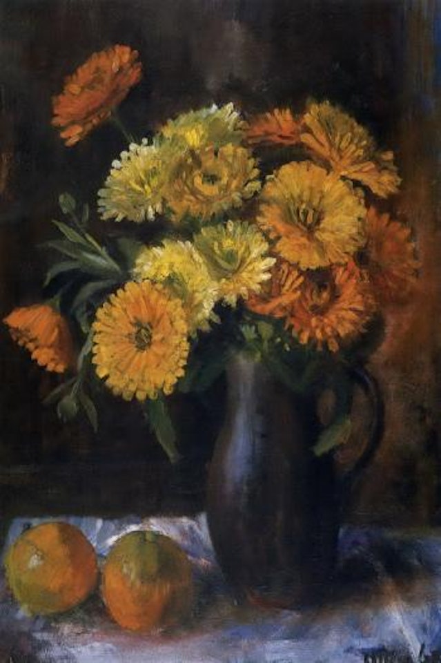 Still life with marigolds and oranges by Margaret Hannah Olley