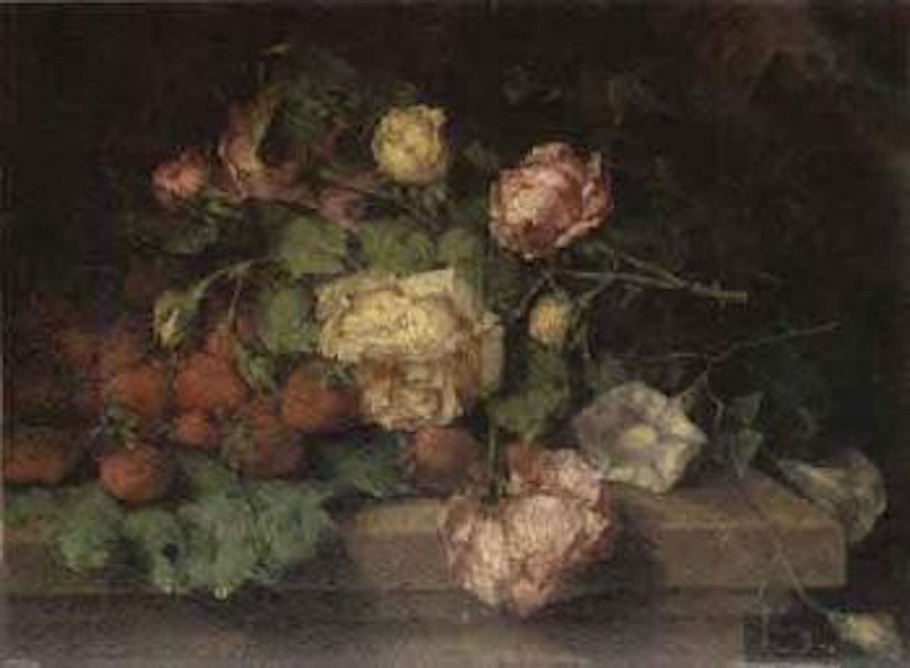 Still life of roses and strawberries by Margaretha Roosenboom