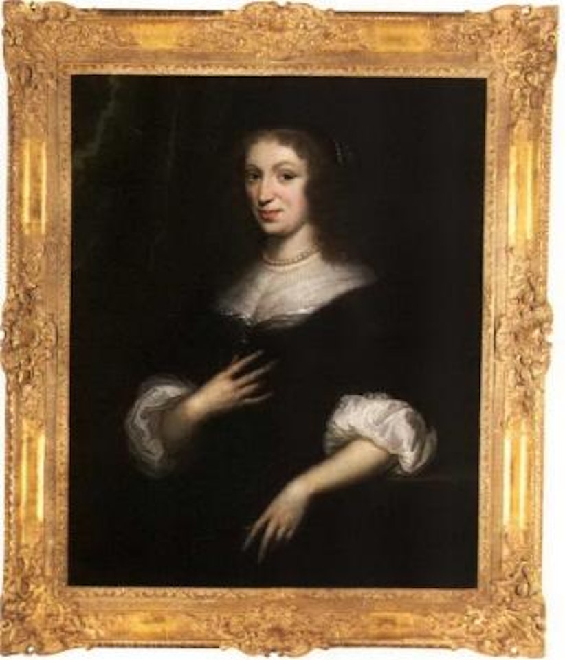 Portrait of Anna de Veer, three quarter length wearing black and white dress by Nicolaes Maes