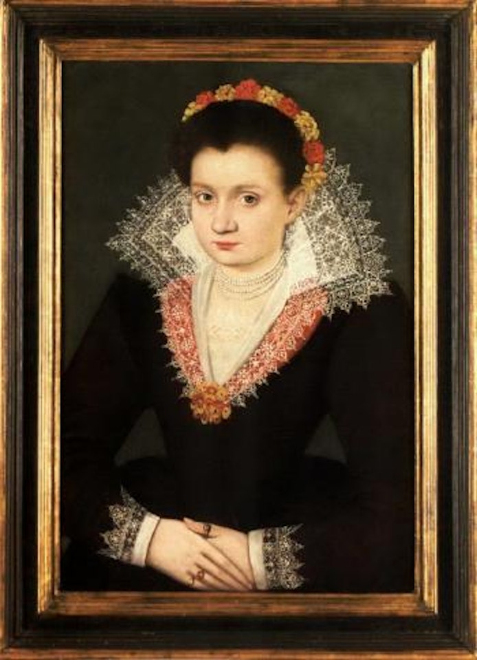 Portrait of a young lady, wearing a black dress with garland of flowers in her hair by Netherlandish School