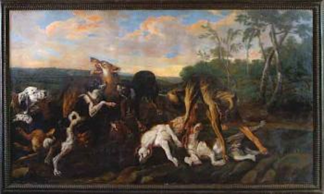 Dog pack attacking two wolves in extensive wooded landscape by Paul de Vos