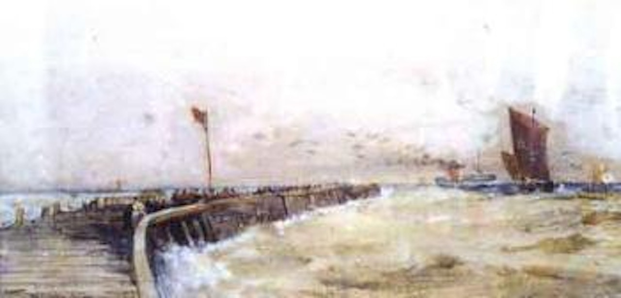 Figures on a harbour wall with sea beyond by Thomas Bush Hardy