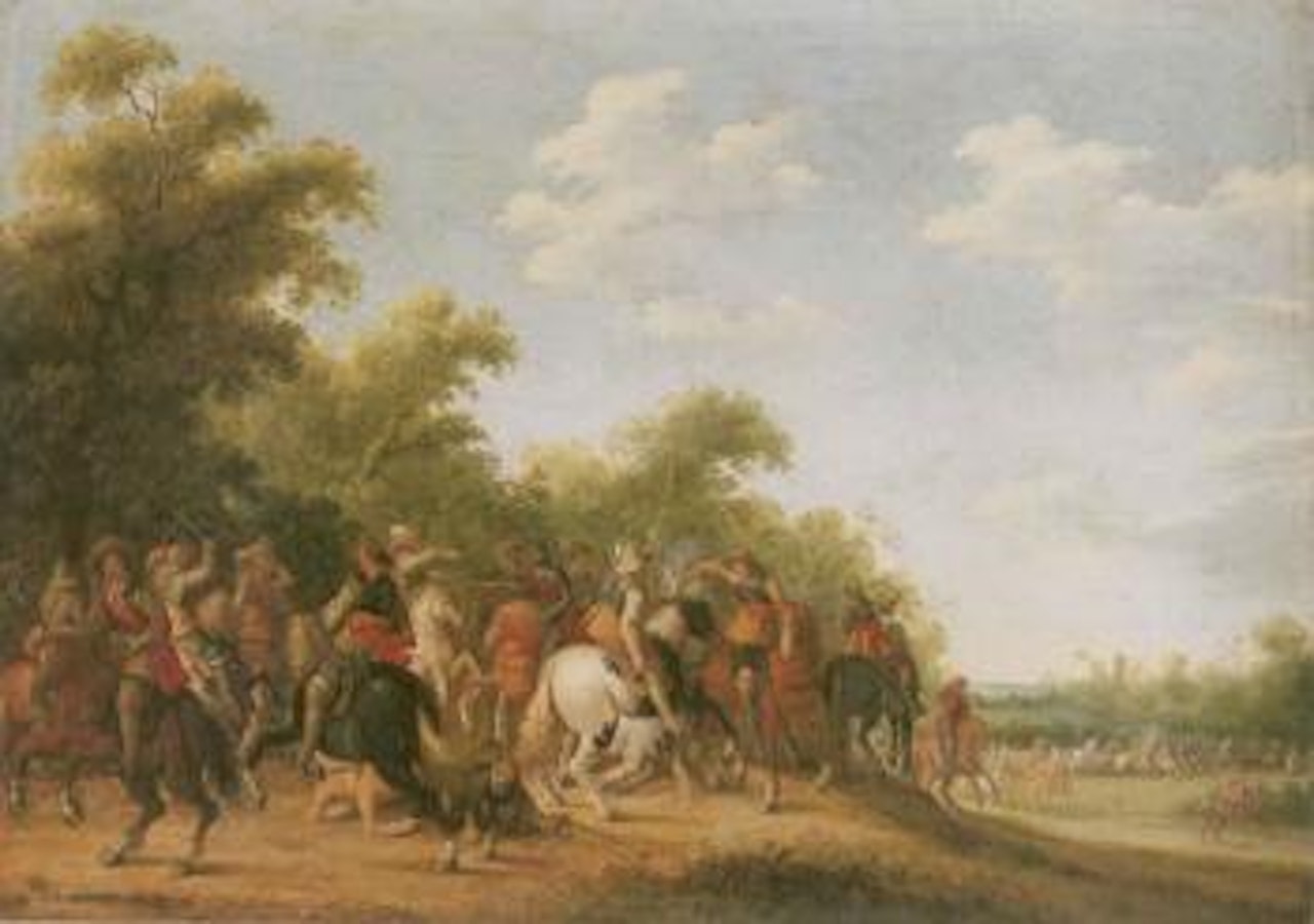 Wooded landscape with a cavalry skirmish by Joost Cornelisz Droochsloot