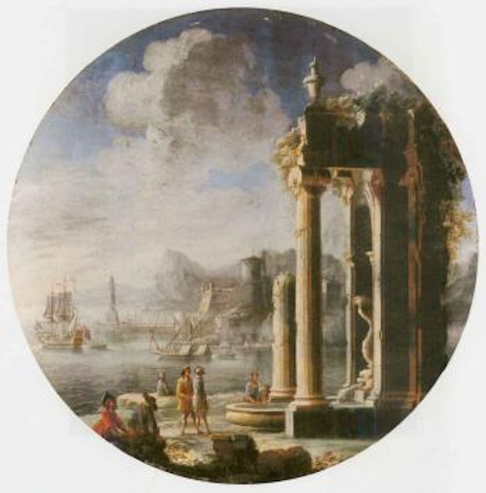 Capriccio of architectural ruins with figures by a fountain, Dutch frigate and other shipping by Gennaro Greco