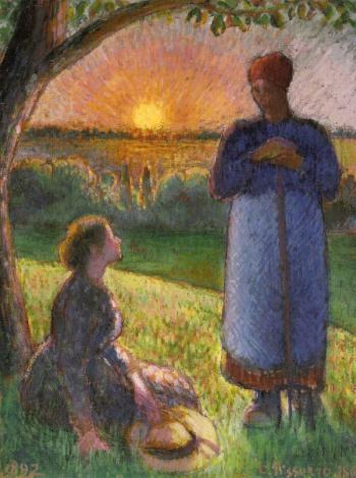 Paysannes causant, soleil couchant, Eragny by Camille Pissarro
