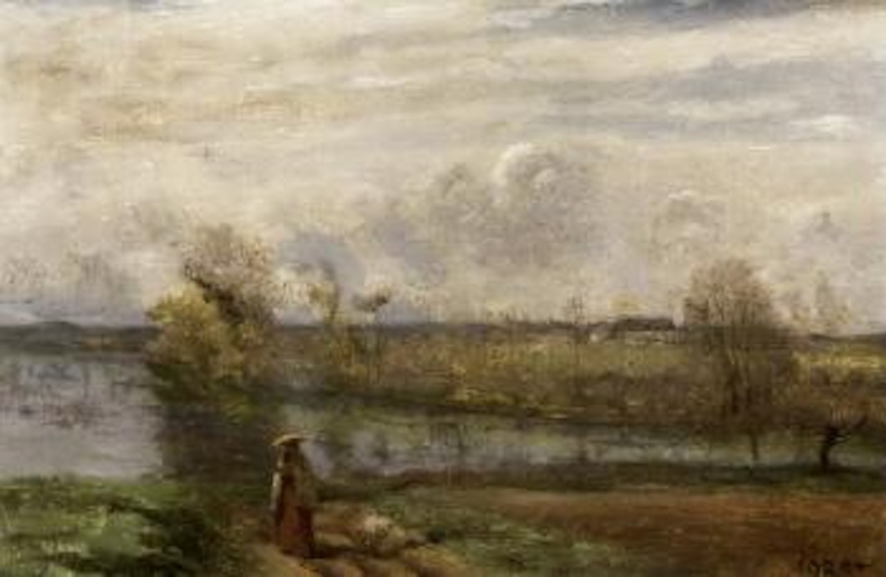 Jeune fille lisant au bord de l'eau by Jean Baptiste Camille Corot