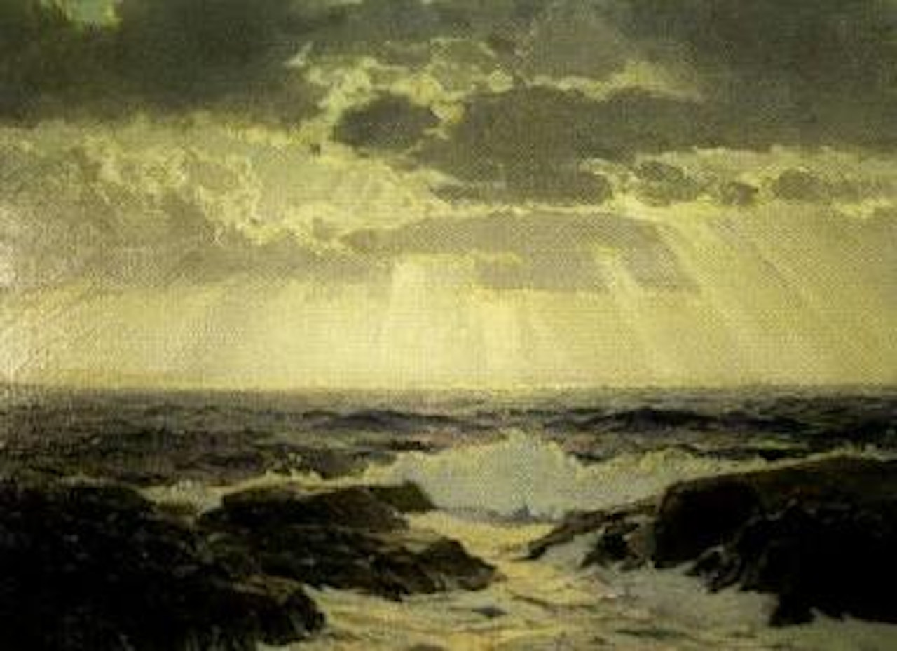 Seascape with waves crashing on rocks, dark clouds in sky by Frederick Judd Waugh
